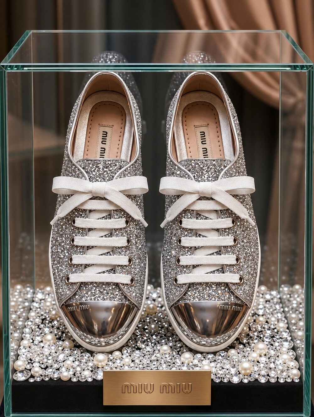 Miu Miu Silver Glitter Lace-Up Sneakers with Metallic Toe Caps